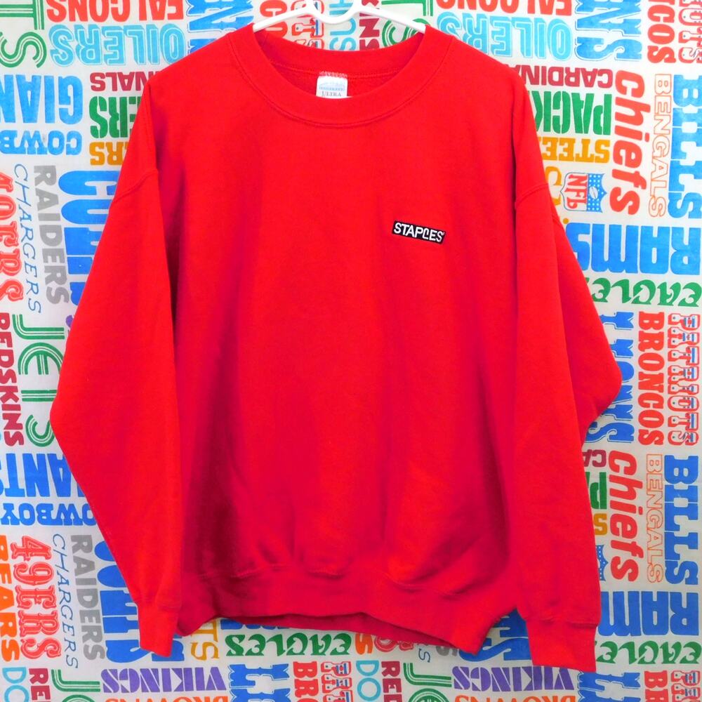 Vintage Staples Crewneck Sweatshirt Size L 90s Office Supply Red